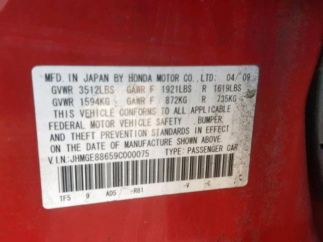 JHMGE88659C000075 - 2009 HONDA FIT SPORT RED photo 10