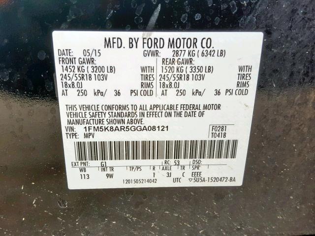 1FM5K8AR5GGA08121 - 2016 FORD EXPLORER P TWO TONE photo 10