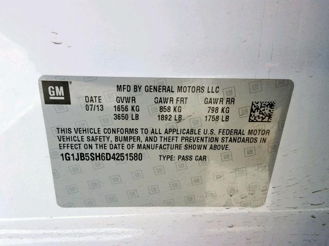 1G1JB5SH6D4251580 - 2013 CHEVROLET SONIC LS WHITE photo 10
