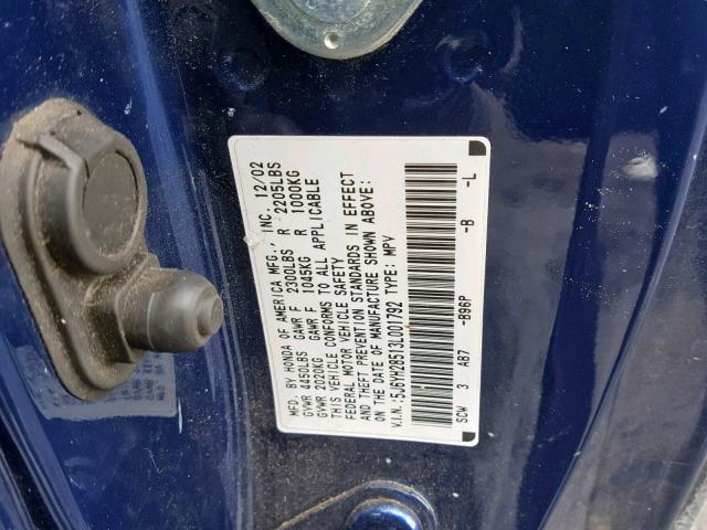 5J6YH28513L001792 - 2003 HONDA ELEMENT EX BLUE photo 10