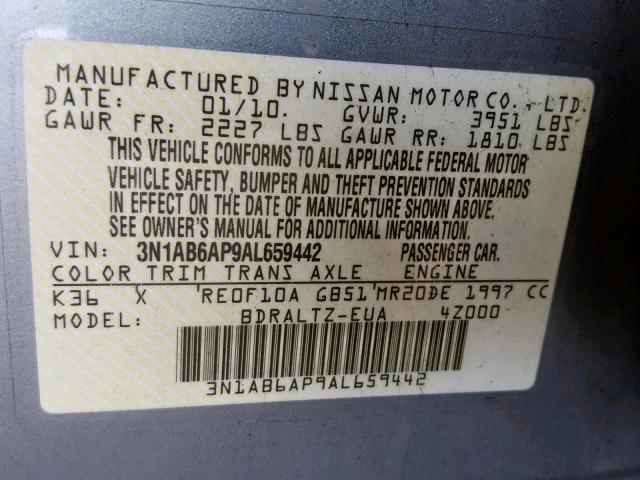 3N1AB6AP9AL659442 - 2010 NISSAN SENTRA 2.0 GRAY photo 10