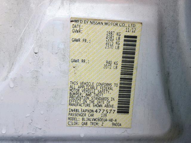 1N4BL3APXDN477577 - 2013 NISSAN ALTIMA 3.5 WHITE photo 10