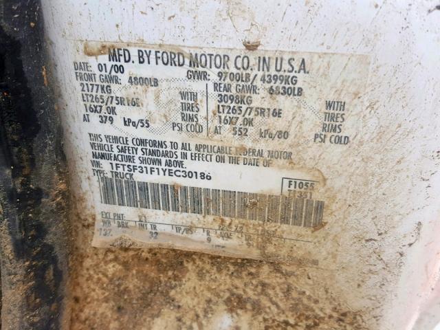 1FTSF31F1YEC30186 - 2000 FORD F350 SRW S WHITE photo 10