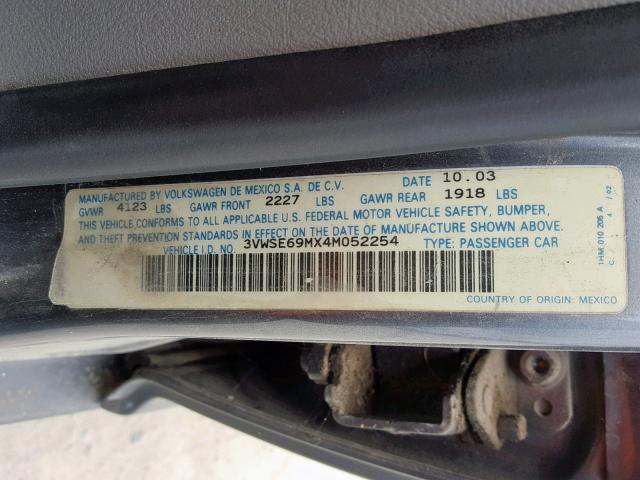 3VWSE69MX4M052254 - 2004 VOLKSWAGEN JETTA GLS GRAY photo 10