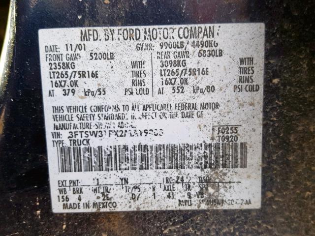 3FTSW31FX2MA19800 - 2002 FORD F350 SRW S BLUE photo 10