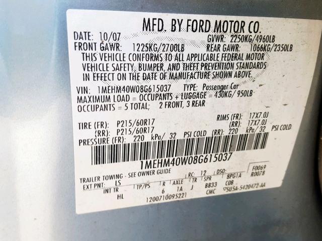 1MEHM40W08G615037 - 2008 MERCURY SABLE LUXU BLUE photo 10