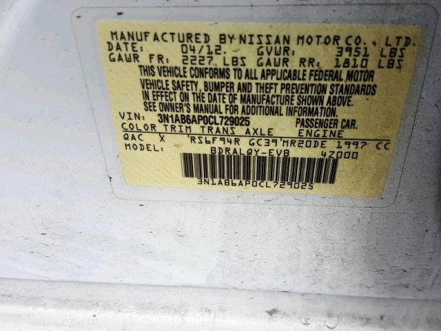 3N1AB6AP0CL729025 - 2012 NISSAN SENTRA 2.0 WHITE photo 10