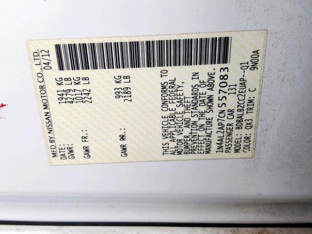 1N4AL2AP7CN557083 - 2012 NISSAN ALTIMA BAS WHITE photo 10