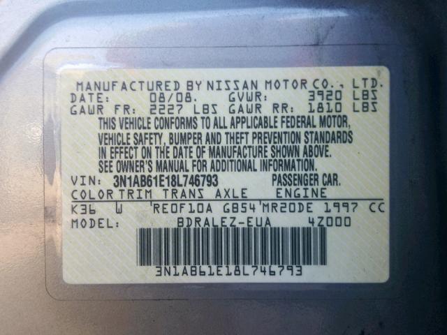 3N1AB61E18L746793 - 2008 NISSAN SENTRA 2.0 SILVER photo 10