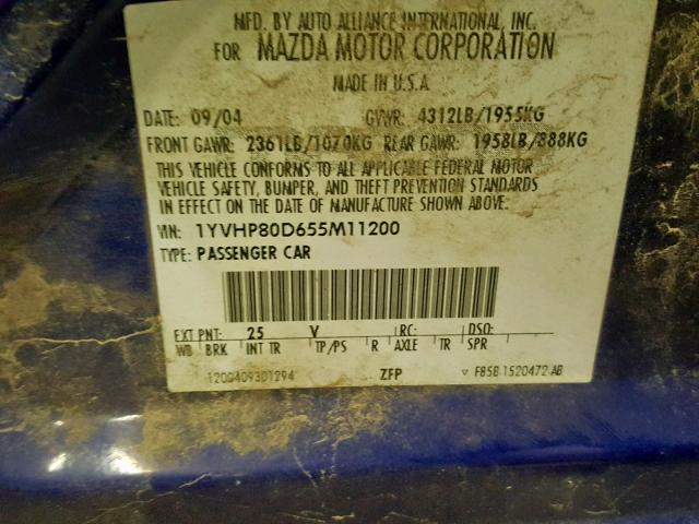 1YVHP80D655M11200 - 2005 MAZDA 6 S BLUE photo 10