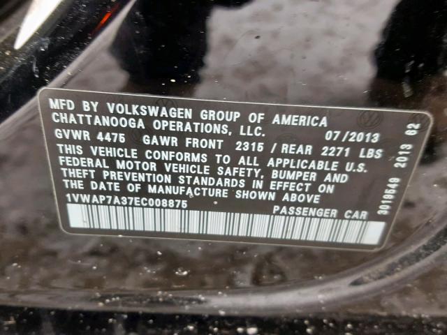 1VWAP7A37EC008875 - 2014 VOLKSWAGEN PASSAT S BLACK photo 10