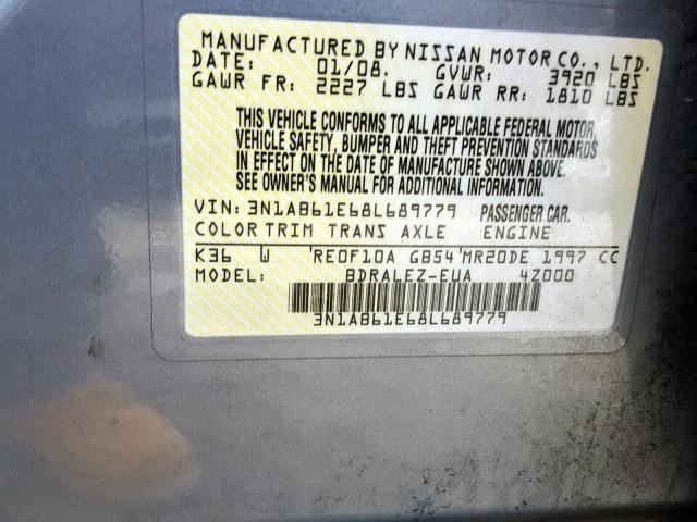 3N1AB61E68L689779 - 2008 NISSAN SENTRA 2.0 GRAY photo 10