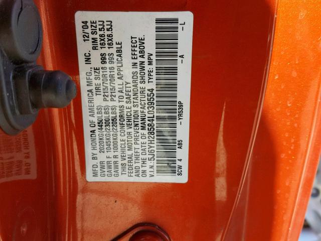 5J6YH28584L039554 - 2004 HONDA ELEMENT EX ORANGE photo 10