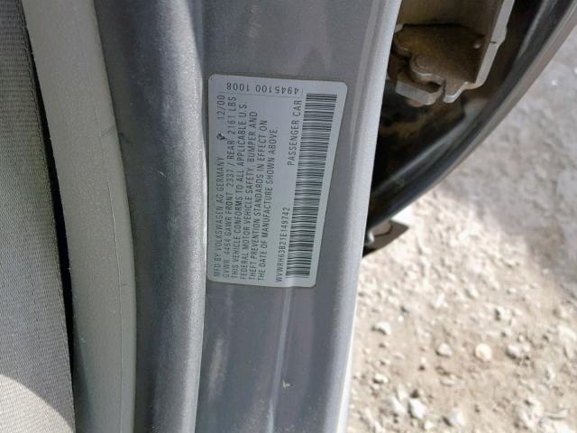 WVWRH63B21E149742 - 2001 VOLKSWAGEN PASSAT GLX SILVER photo 10