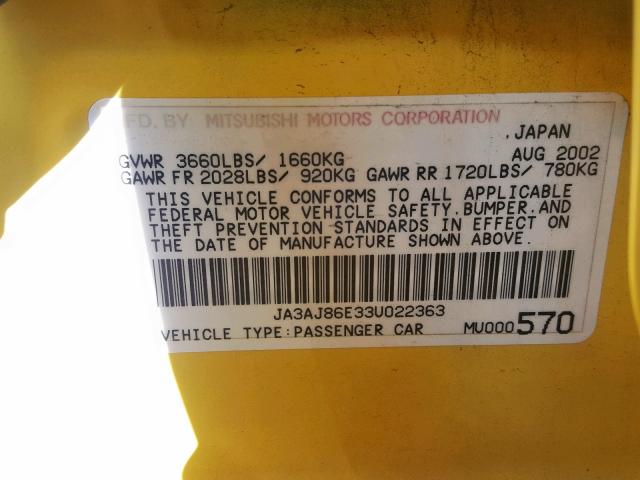 JA3AJ86E33U022363 - 2003 MITSUBISHI LANCER OZ YELLOW photo 10