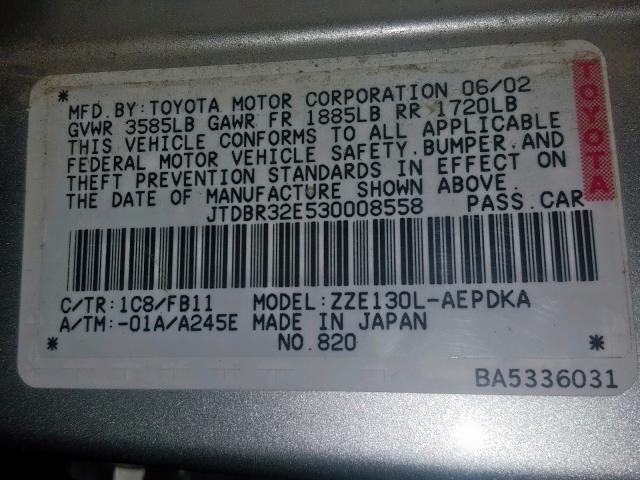 JTDBR32E530008558 - 2003 TOYOTA COROLLA CE SILVER photo 10