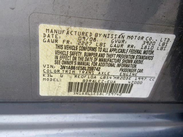 3N1AB61E58L759742 - 2008 NISSAN SENTRA 2.0 GRAY photo 10