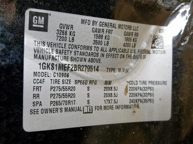 1GKS1MEF2BR279514 - 2011 GMC YUKON XL D BLACK photo 10