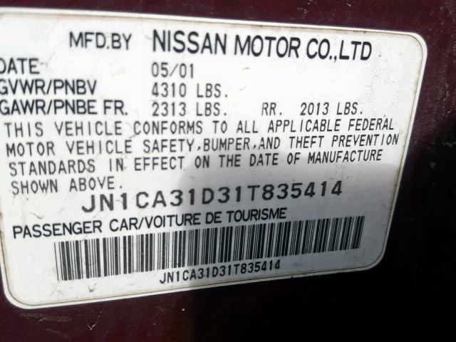 JN1CA31D31T835414 - 2001 NISSAN MAXIMA GXE BURGUNDY photo 10