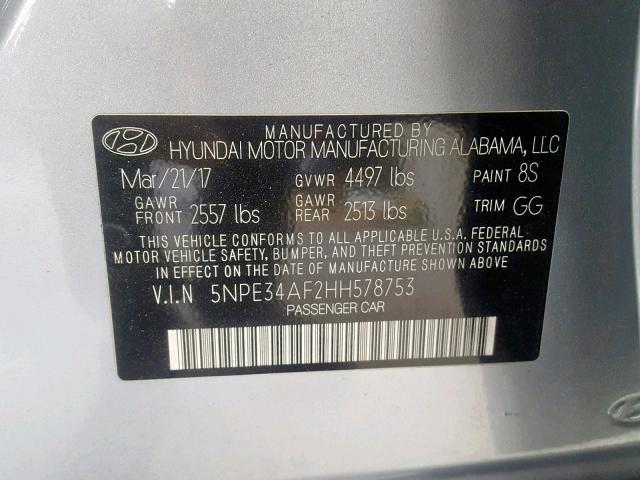 5NPE34AF2HH578753 - 2017 HYUNDAI SONATA SPO GRAY photo 10