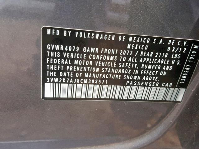 3VW2K7AJ8CM393571 - 2012 VOLKSWAGEN JETTA BASE GRAY photo 10