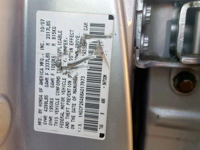 1HGCP26468A017973 - 2008 HONDA ACCORD LXP SILVER photo 10