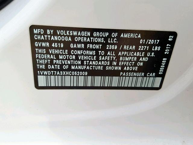 1VWDT7A3XHC052009 - 2017 VOLKSWAGEN PASSAT R-L BURN photo 10