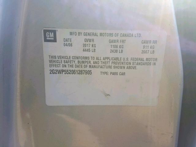 2G2WP552061287905 - 2006 PONTIAC GRAND PRIX SILVER photo 10