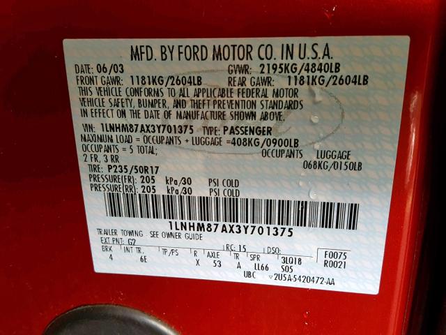 1LNHM87AX3Y701375 - 2003 LINCOLN LS MAROON photo 10