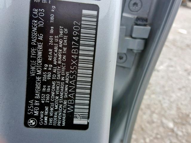 WBANA535X4B174902 - 2004 BMW 525 I SILVER photo 10