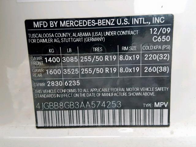 4JGBB8GB3AA574253 - 2010 MERCEDES-BENZ ML 350 4MA WHITE photo 10