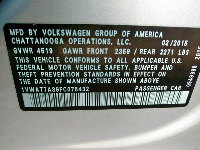 1VWAT7A39FC076432 - 2015 VOLKSWAGEN PASSAT S SILVER photo 10