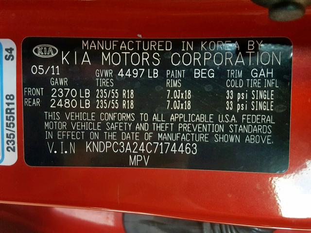 KNDPC3A24C7174463 - 2012 KIA SPORTAGE E RED photo 10