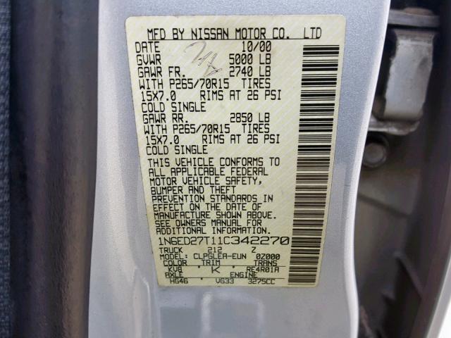 1N6ED27T11C342270 - 2001 NISSAN FRONTIER C SILVER photo 10