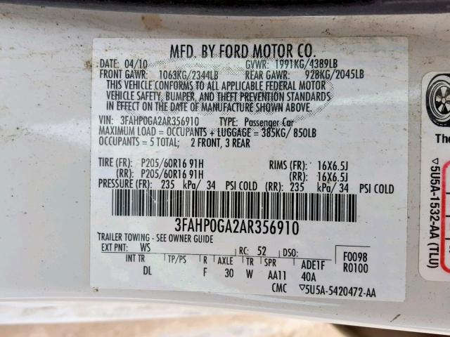 3FAHP0GA2AR356910 - 2010 FORD FUSION S WHITE photo 10