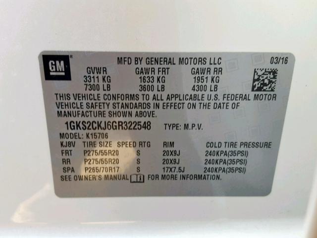 1GKS2CKJ6GR322548 - 2016 GMC YUKON DENA WHITE photo 10