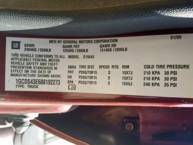 1GCDS43E688192273 - 2008 CHEVROLET COLORADO L RED photo 10