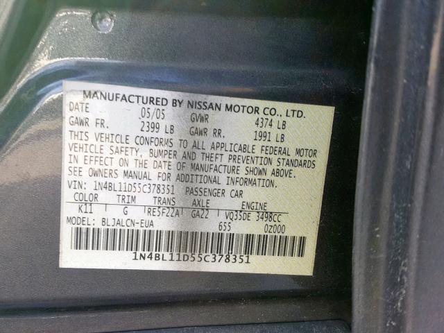 1N4BL11D55C378351 - 2005 NISSAN ALTIMA SE GRAY photo 10