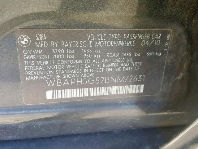 WBAPH5G52BNM72631 - 2011 BMW 328 I SULE BLACK photo 10