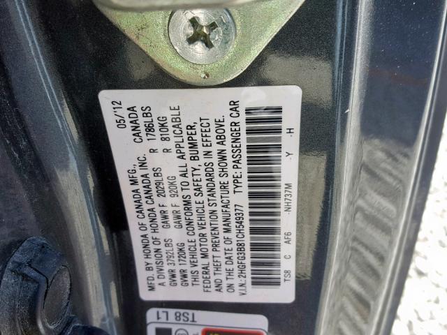 2HGFG3B81CH549377 - 2012 HONDA CIVIC EX Gri fotoğraf 10