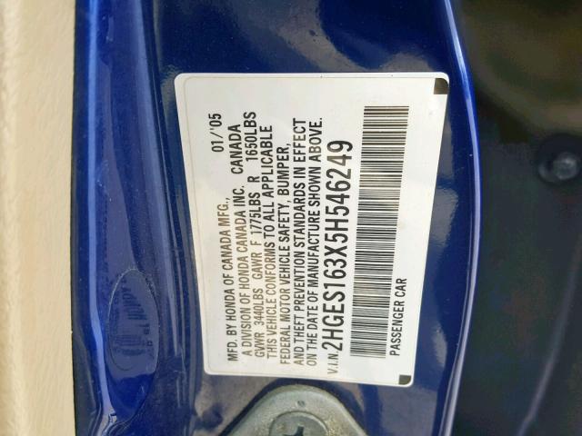 2HGES163X5H546249 - 2005 HONDA CIVIC DX V BLUE photo 10