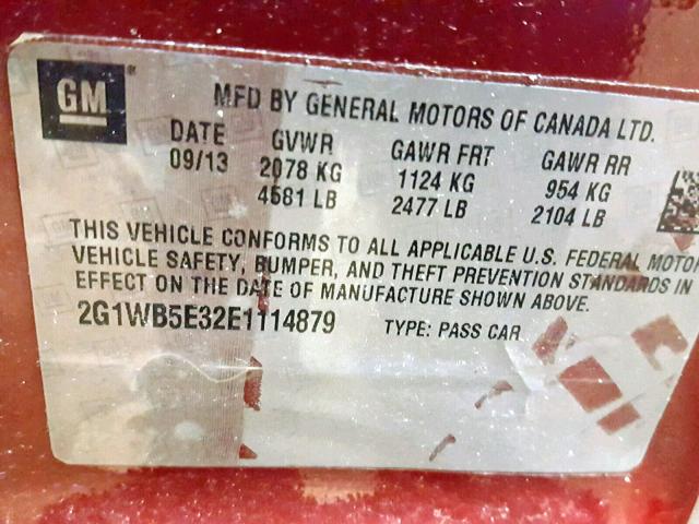 2G1WB5E32E1114879 - 2014 CHEVROLET IMPALA LIM RED photo 10