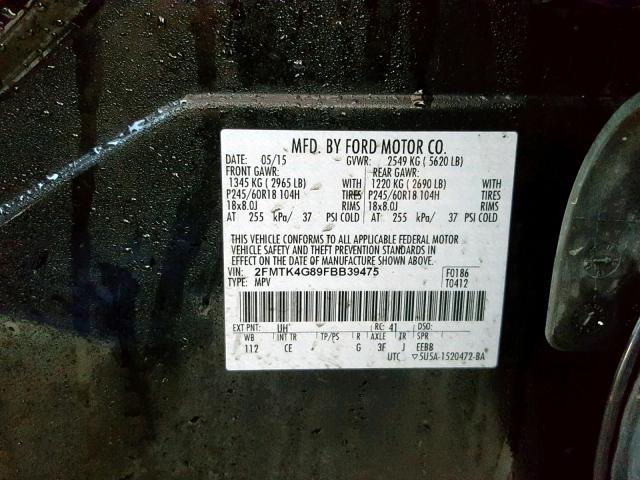 2FMTK4G89FBB39475 - 2015 FORD EDGE SE BLACK photo 10