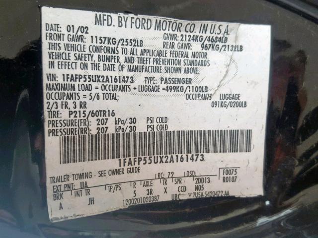 1FAFP55UX2A161473 - 2002 FORD TAURUS SES BLACK photo 10