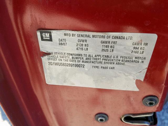 2G1WU583289199072 - 2008 CHEVROLET IMPALA LTZ MAROON photo 10