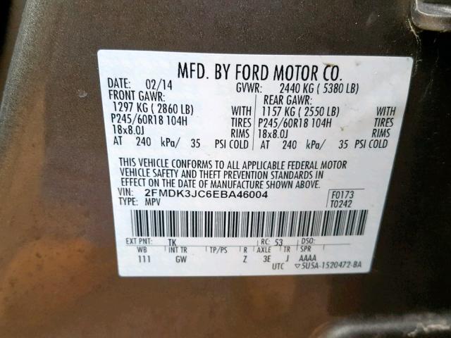 2FMDK3JC6EBA46004 - 2014 FORD EDGE SEL GREEN photo 10