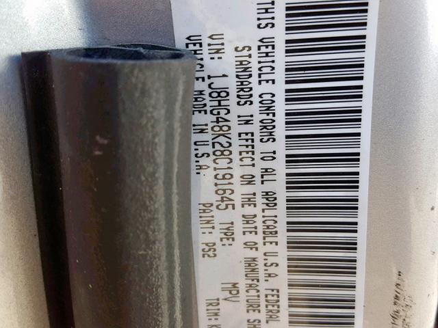 1J8HG48K28C191645 - 2008 JEEP COMMANDER SILVER photo 10