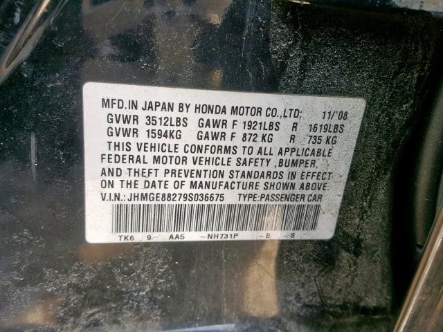 JHMGE88279S036675 - 2009 HONDA FIT BLACK photo 10