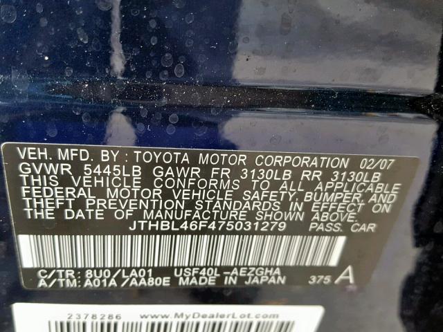 JTHBL46F475031279 - 2007 LEXUS LS 460 BLUE photo 10