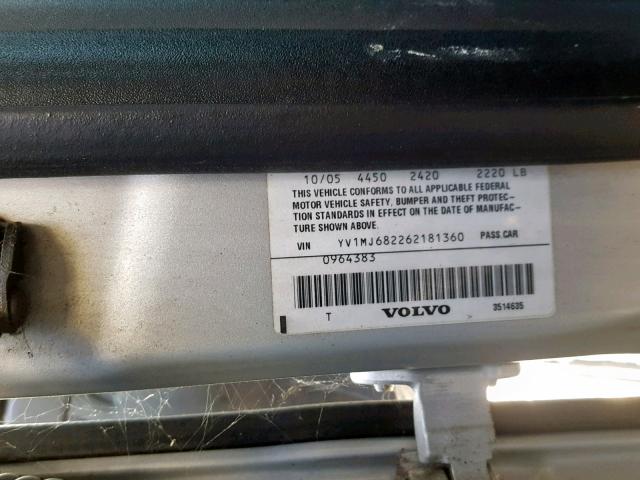 YV1MJ682262181360 - 2006 VOLVO V50 T5 SILVER photo 10